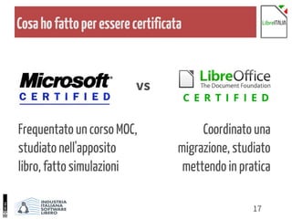 17
Cosahofattoperesserecertificata
Coordinato una
migrazione, studiato
mettendo in pratica
Frequentato un corso MOC,
studiato nell'apposito
libro, fatto simulazioni
C E R T I F I E D
vs
 