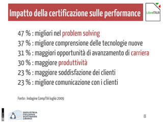 8
Impattodellacertificazionesulleperformance
47 % : migliori nel problem solving
37 % : migliore comprensione delle tecnologie nuove
31 % : maggiori opportunità di avanzamento di carriera
30 % : maggiore produttività
23 % : maggiore soddisfazione dei clienti
23 % : migliore comunicazione con i clienti
Fonte : Indagine CompTIA luglio 2009
 