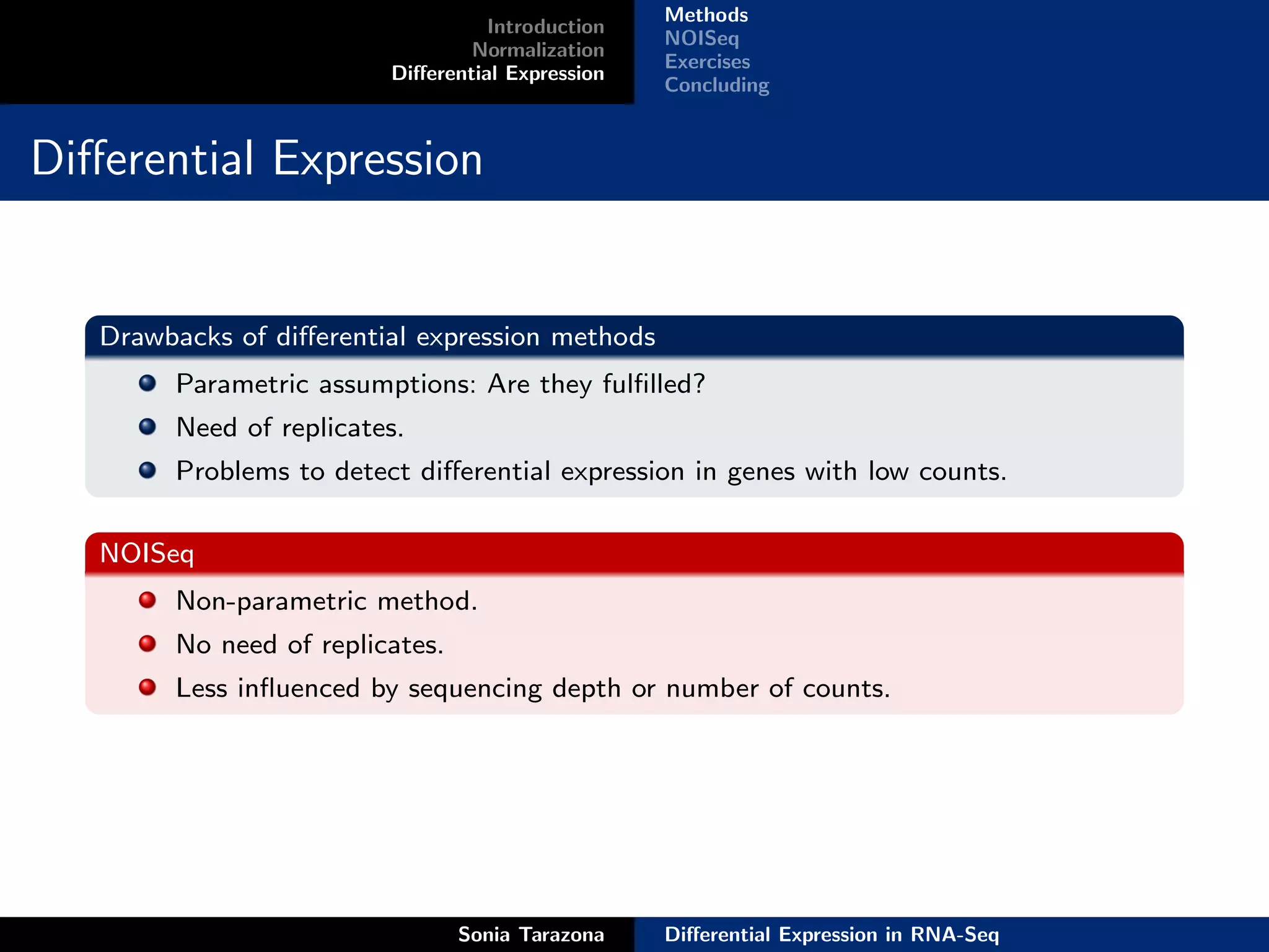 Methods
                                   Introduction
                                                  NOISeq
                                 Normalization
                                                  Exercises
                         Diﬀerential Expression
                                                  Concluding


Diﬀerential Expression


   Drawbacks of diﬀerential expression methods
        Parametric assumptions: Are they fulﬁlled?
        Need of replicates.
        Problems to detect diﬀerential expression in genes with low counts.

   NOISeq
        Non-parametric method.
        No need of replicates.
        Less inﬂuenced by sequencing depth or number of counts.




                                 Sonia Tarazona   Diﬀerential Expression in RNA-Seq
 