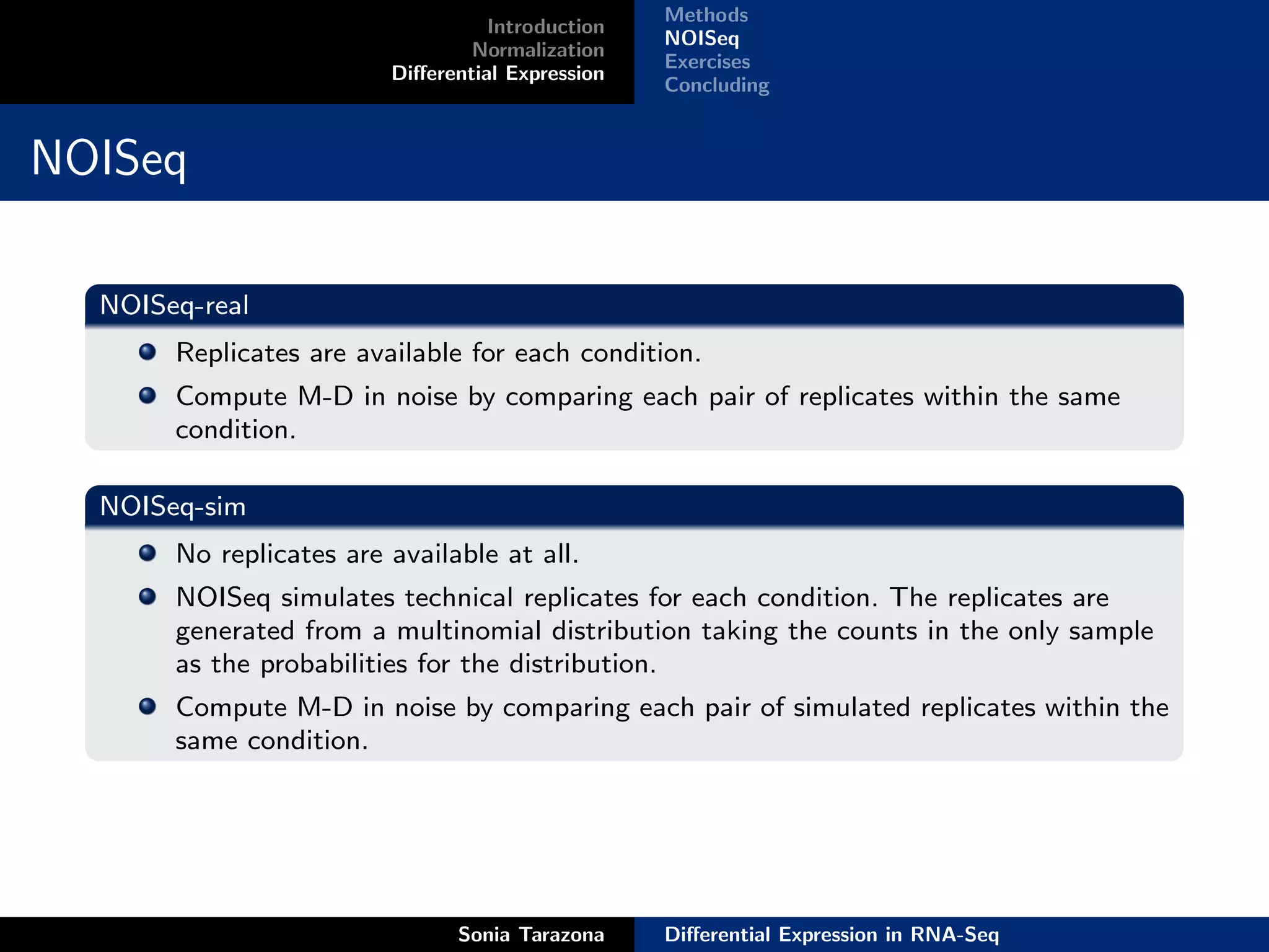 Methods
                                   Introduction
                                                  NOISeq
                                 Normalization
                                                  Exercises
                         Diﬀerential Expression
                                                  Concluding


NOISeq

  NOISeq-real
       Replicates are available for each condition.
       Compute M-D in noise by comparing each pair of replicates within the same
       condition.

  NOISeq-sim
       No replicates are available at all.
       NOISeq simulates technical replicates for each condition. The replicates are
       generated from a multinomial distribution taking the counts in the only sample
       as the probabilities for the distribution.
       Compute M-D in noise by comparing each pair of simulated replicates within the
       same condition.




                               Sonia Tarazona     Diﬀerential Expression in RNA-Seq
 