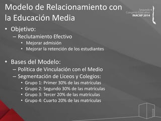 Modelo de Relacionamiento con 
la Educación Media 
• Objetivo: 
– Reclutamiento Efectivo 
• Mejorar admisión 
• Mejorar la retención de los estudiantes 
• Bases del Modelo: 
– Política de Vinculación con el Medio 
– Segmentación de Liceos y Colegios: 
• Grupo 1: Primer 30% de las matrículas 
• Grupo 2: Segundo 30% de las matrículas 
• Grupo 3: Tercer 20% de las matrículas 
• Grupo 4: Cuarto 20% de las matrículas 
 