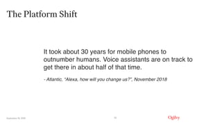 September 16, 2019
The Platform Shift
22
It took about 30 years for mobile phones to
outnumber humans. Voice assistants are on track to
get there in about half of that time.
 
- Atlantic, “Alexa, how will you change us?”, November 2018
 