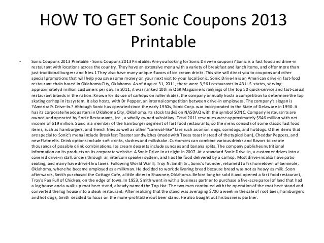 Sonic Coupons 2013 Printable - Sonic Coupons 2013 Printable