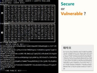 Secure
or
Vulnerable ?
暗号文
0x1cfc3c2be23b692c3627c0fd7ad2f6b
c829c1d488107eaa6c76f2ed81d0cdd7
e16ee2794f1569efa4eb6b9526e98ef0
196d3a7d2e22aad9d4c8b6c603ac568
77db1f92d7b5885324f2fb2d2000e892
3402861ceb31f4ef63c7a2c950160717
d7195fb7fd4de794fd0b116e06ca5bff1
f964d79e1276291d2bb1e403371b971
eb
n
e
 