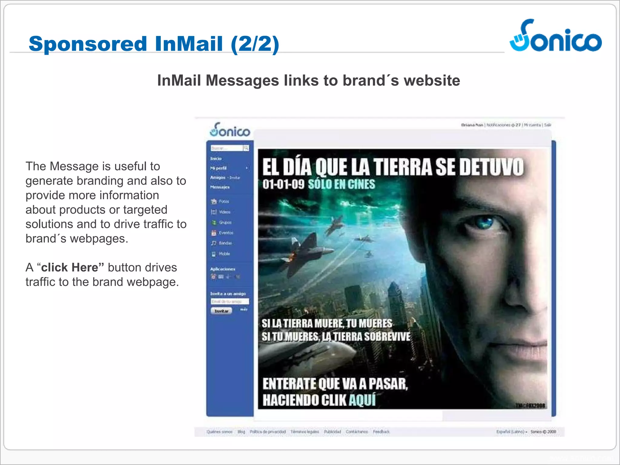 www.sonico.com Public Pages This results in amazing virality and exposure! Customized Public Page  Non Customized Public Page ¿What is a Public Page? A Sonico Public Page is a customizable social media presence for brands, celebrities, politicians, organizations and more. It allows them to join the conversations that are already happening between Sonico users.  All interactions between followers are shown in all their friends’ newsfeeds. So it is actually the users who are pushing the brand’s message among their friends. 