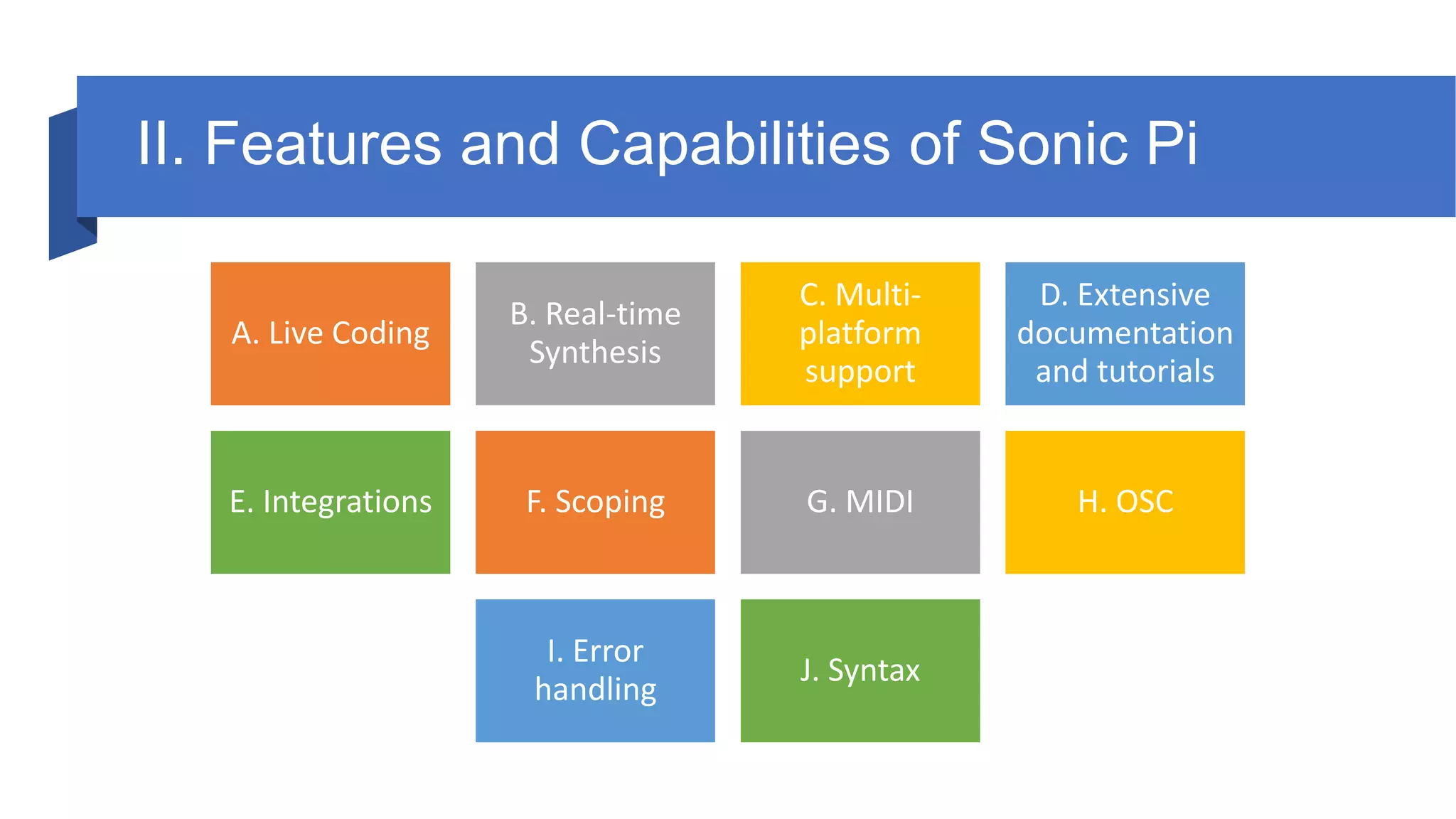 II. Features and Capabilities of Sonic Pi
A. Live Coding
B. Real-time
Synthesis
C. Multi-
platform
support
D. Extensive
documentation
and tutorials
E. Integrations F. Scoping G. MIDI H. OSC
I. Error
handling
J. Syntax
 