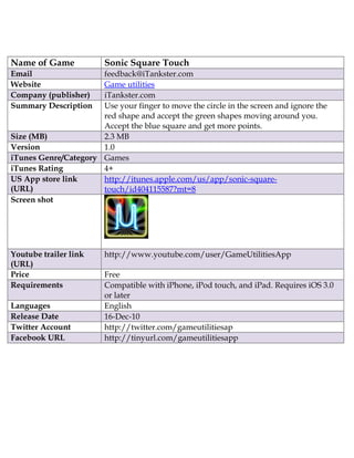 Name of Game             Sonic Square Touch
Email                 feedback@iTankster.com
Website               Game utilities
Company (publisher)   iTankster.com
Summary Description   Use your finger to move the circle in the screen and ignore the
                      red shape and accept the green shapes moving around you.
                      Accept the blue square and get more points.
Size (MB)             2.3 MB
Version               1.0
iTunes Genre/Category Games
iTunes Rating         4+
US App store link     http://itunes.apple.com/us/app/sonic-square-
(URL)                 touch/id404115587?mt=8
Screen shot




Youtube trailer link     http://www.youtube.com/user/GameUtilitiesApp
(URL)
Price                    Free
Requirements             Compatible with iPhone, iPod touch, and iPad. Requires iOS 3.0
                         or later
Languages                English
Release Date             16-Dec-10
Twitter Account          http://twitter.com/gameutilitiesap
Facebook URL             http://tinyurl.com/gameutilitiesapp
 