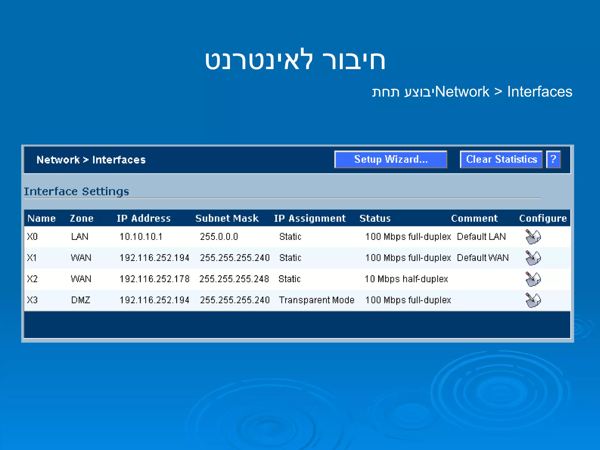חיבור לאינטרנט יבוצע תחת  Network > Interfaces 