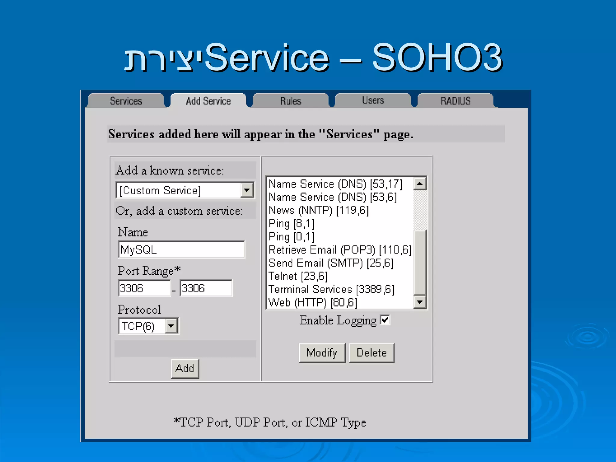 יצירת  Service  –  SOHO3 