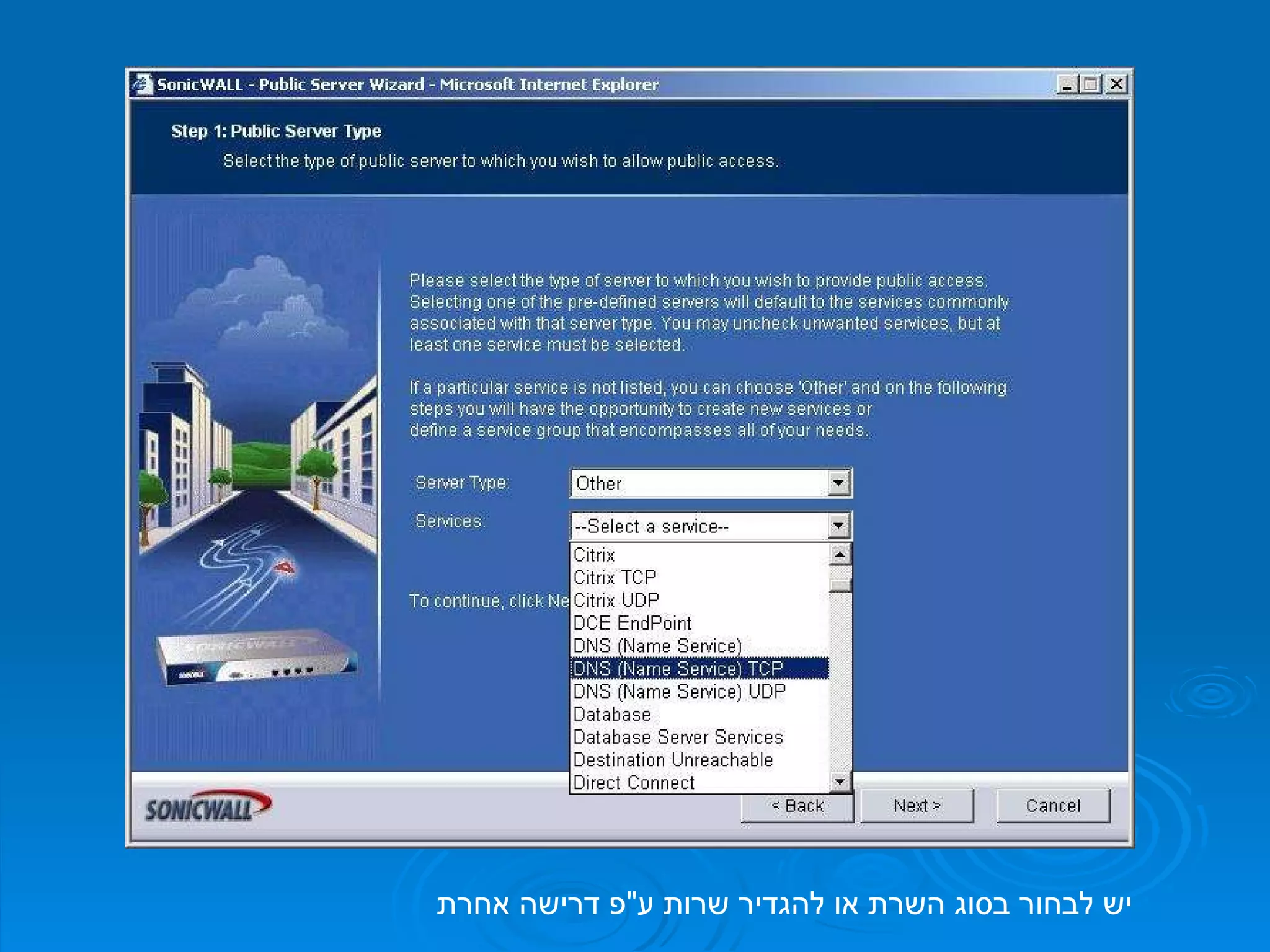 יש לבחור בסוג השרת או להגדיר שרות ע " פ דרישה אחרת 