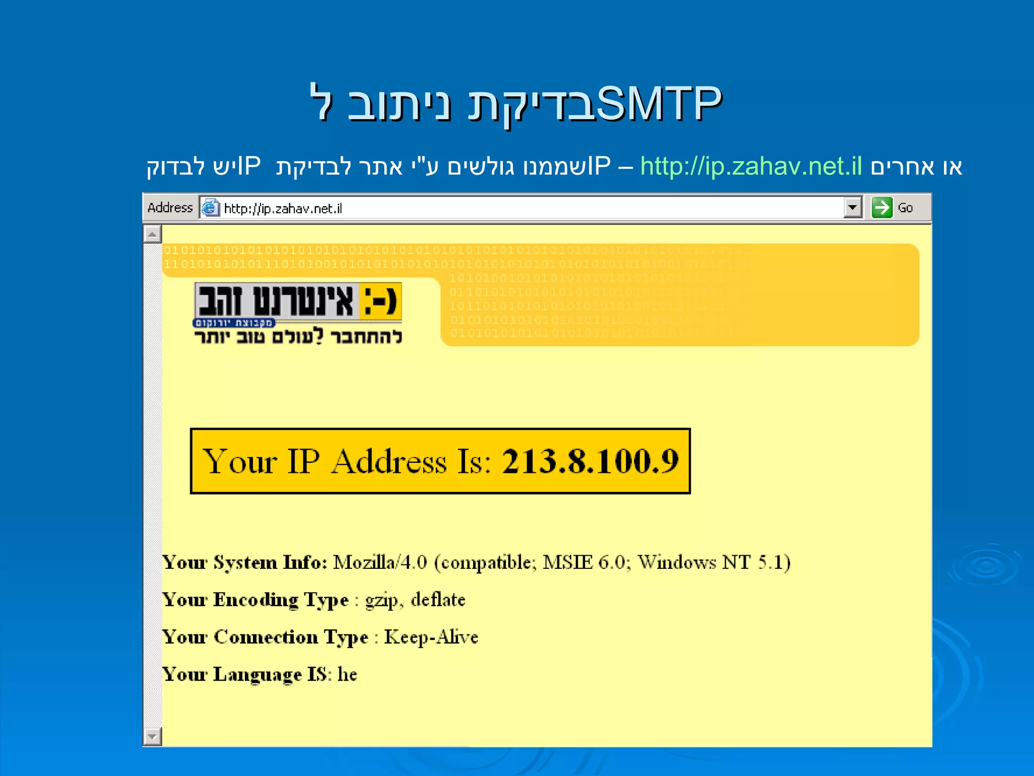 בדיקת ניתוב ל  SMTP יש לבדוק  IP   שממנו גולשים ע " י אתר לבדיקת  IP  –  http://ip.zahav.net.il   או אחרים 