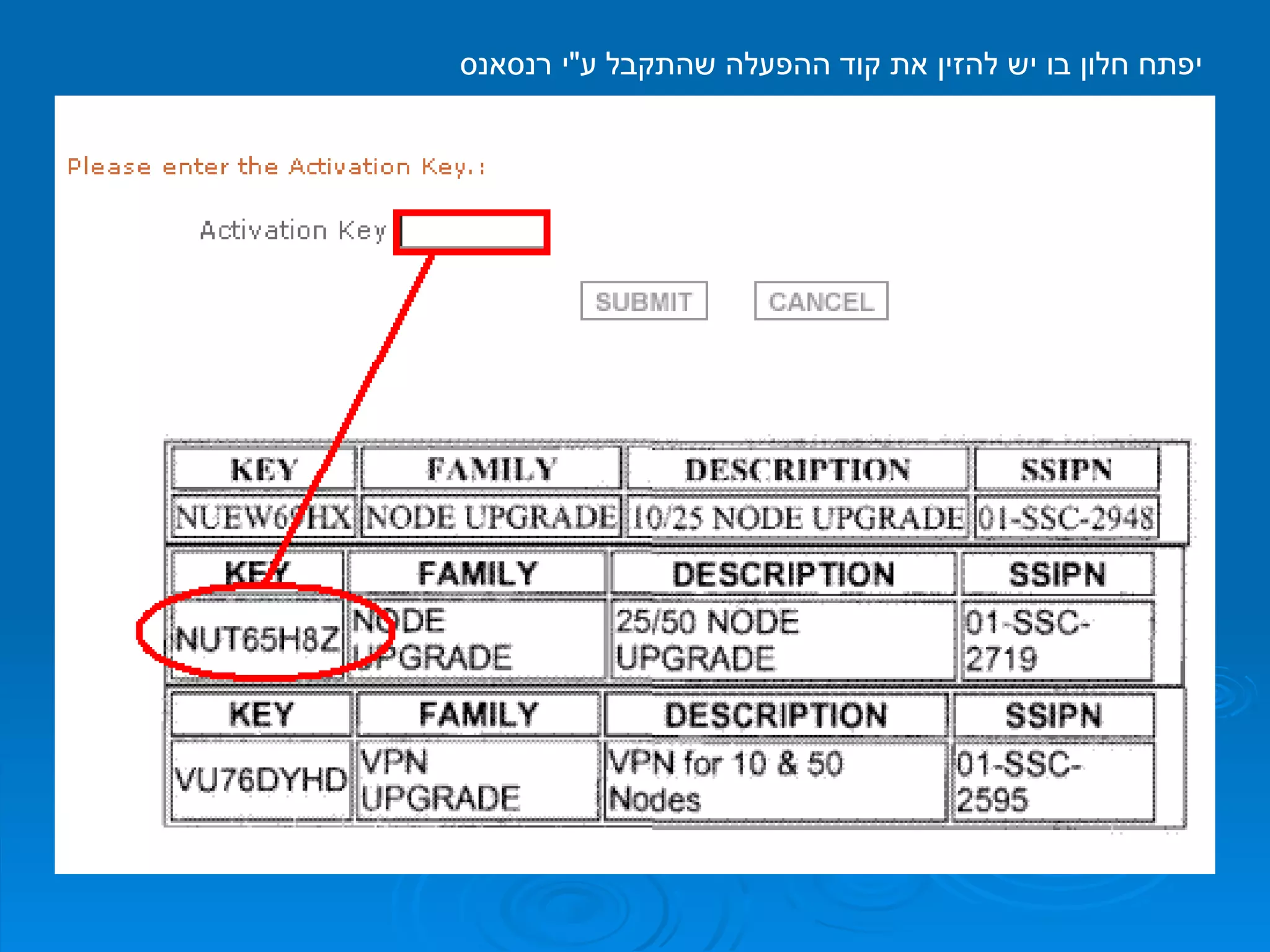 יפתח חלון בו יש להזין את קוד ההפעלה שהתקבל ע " י רנסאנס 