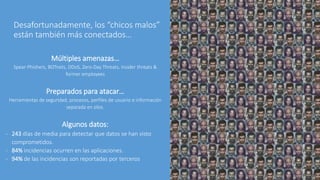 Desafortunadamente, los “chicos malos”
están también más conectados…
Múltiples amenazas…
Spear-Phishers, BOTnets, DDoS, Zero-Day Threats, Insider threats &
former employees
Preparados para atacar…
Herramientas de seguridad, procesos, perfiles de usuario e información
separada en silos.
Algunos datos:
- 243 días de media para detectar que datos se han visto
comprometidos.
- 84% incidencias ocurren en las aplicaciones.
- 94% de las incidencias son reportadas por terceros
 
