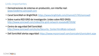 Links importantes
• Demostraciones de sistemas en producción, con interfaz real:
www.livedemo.sonicwall.com
• Canal SonicWall en BrightTALK: https://www.brighttalk.com/channel/1745/sonicwall
• Sobre nuetra RED GRID de investigación: (video sobre RED GRID):
http://www.sonicwall.com/video/the-grid-network-revealed873928/
• Centro de seguridad Dell SonicWall:
http://www.sonicwall.com/es/es/Security_Center.html#tab=network
• Dell SonicWall alertas seguridad: https://www.mysonicwall.com/sonicalert/sonicalert.aspx
 