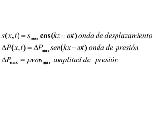 s( x, t )  smax cos(kx  t ) onda de desplazamiento
P( x, t )  Pmax sen( kx  t ) onda de presión
Pmax  vsmax amplitud de presión
 