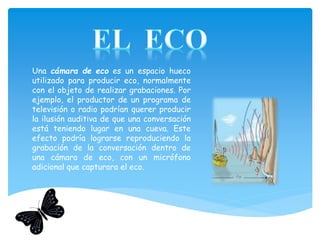 Una cámara de eco es un espacio hueco
utilizado para producir eco, normalmente
con el objeto de realizar grabaciones. Por
ejemplo, el productor de un programa de
televisión o radio podrían querer producir
la ilusión auditiva de que una conversación
está teniendo lugar en una cueva. Este
efecto podría lograrse reproduciendo la
grabación de la conversación dentro de
una cámara de eco, con un micrófono
adicional que capturara el eco.
 