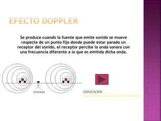 Se produce cuando la fuente que emite sonido se mueve
respecto de un punto fijo donde puede estar parado un
receptor del sonido, el receptor percibe la onda sonora con
una frecuencia diferente a la que es emitida dicha onda.
EXPLICACIÓN
https://www.youtube.com/watch?v=UEBNJqUW5Ok
 