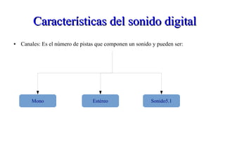 Características del sonido digitalCaracterísticas del sonido digital
● Canales: Es el número de pistas que componen un sonido y pueden ser:
Mono Estéreo Sonido5.1
 