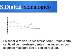 S.Digital/S.analógico
La señal la recibe un "conversor A/D" , toma cierta
cantidad de muestras(cuantas mas muestras por
segundo mas parecido al sonido real es).
 