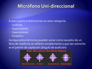 Micrófono Uni-direccionalExiten cuatro subdivisiones en esta categoría: Cardioide. Supercardioide. Hypercardioide. Parabólico. Aunque estos términos pueden sonar como sacados de un libro de medicina se refieren simplemente a que tan estrecho es el patrón de captación (ángulo de audición) 