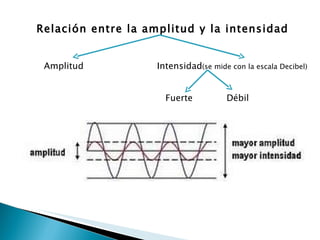 Relación entre la amplitud y la intensidad Amplitud  Intensidad (se mide con la escala Decibel) Fuerte  Débil 