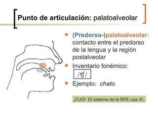 Punto de articulación:  palatoalveolar (Predorso-) palatoalveolar:  contacto entre el predorso de la lengua y la región postalveolar  Inventario fonémico: Ejemplo:  chato ¡OJO!  El sistema de la RFE usa / č/. / ʧ/ 