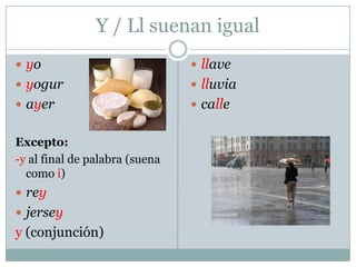 Y / Ll suenan igual*
*Excepto en algunas partes de España e Hispanoamérica.
 yo
 yogur
 ayer
Excepto:
-y al final de palabra (suena
como i)
 Rey
 jersey
y (conjunción)
 llave
 lluvia
 calle
 