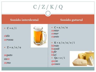 Sonido interdental Sonido gutural
 C + e / i
cielo
cerveza
 Z + a / o / u
zapato
cazo
zumo
 C + a / o / u
cantar
comer
cuento
 K + a / o / u / e / i
kárate
kuwait
kefir
kiwi
 Qu + e / i
queso
quiosco
C / Z / K / Q
 