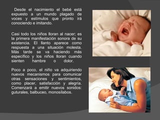   Desde el nacimiento el bebé está expuesto a un mundo plagado de voces y estímulos que pronto irá conociendo e imitando. Casi todo los niños lloran al nacer; es la primera manifestación sonora de su existencia. El llanto aparece como respuesta a una situación molesta. Más tarde se va haciendo más específico y los niños lloran cuando sienten hambre o dolor.  Poco a poco, el niño va adquiriendo nuevos mecanismos para comunicar otras sensaciones y sentimientos, como placer, satisfacción y alegría. Comenzará a emitir nuevos sonidos: guturales, balbuceo, monosílabos.  