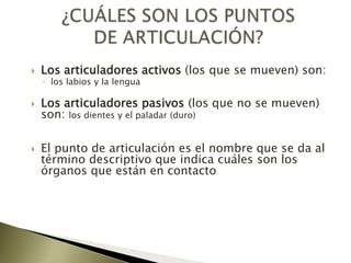 ¿CUÁLES SON LOS PUNTOS DE ARTICULACIÓN?Los articuladores activos (los que se mueven) son:los labios y la lenguaLos articuladores pasivos (los que no se mueven) son: los dientes y el paladar (duro)El punto de articulación es el nombre que se da al término descriptivo que indica cuáles son los órganos que están en contacto 