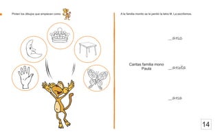 Pinten los dibujos que empiecen como A la familia monito se le perdió la letra M. La escribimos.
14
_onito
_ono
_ona
Caritas familia mono
Paula
 