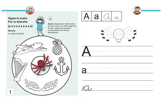 Ágata la araña
Por la telaraña
[a a a a a a a a a a]
Melodía:
La araña chiquitita.
Gesto: Superponer dedo índice
de una mano con dedo pulgar de
la otra, repetir esa posición
sucesivamente en forma
ascendente.
A
A a
A a A
1
a
a
 