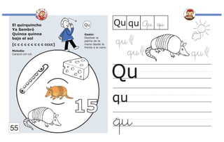 El quirquincho
Ya Sembró
Quínoa quínoa
bajo el sol
[c c c c c c c c c cccc]
Melodía:
Caracol col col.
Gesto:
Deslizar la
palma de la
mano desde la
frente a la nariz.
Qu
qu
Qu qu
Qu qu Qu
qu
55
qu
15
qu
qu
 