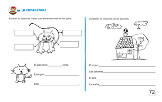 72
Completen las oraciones con los absurdos.
Escriban las partes del cuerpo y las diferencias entre los dos gatos.
¡a completar!
El mono
Las palomas
El pez
La araña
El gato tiene __________ corta.
Este gato _________________________.
Este _____________________________.
 
