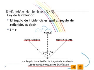 Reflexión de la luz (3/3)
Ley de la reflexión
 El ángulo de incidencia es igual al ángulo de
  reflexión, es decir
i=r
 