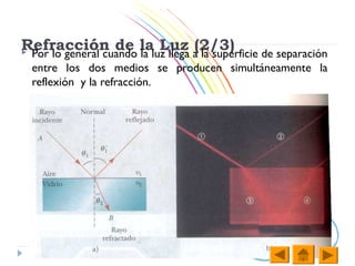 Refracción de laluz llega a la superficie de separación
 Por lo general cuando la
                           Luz (2/3)
 entre los dos medios se producen simultáneamente la
 reflexión y la refracción.
 