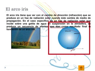 El arco iris
El arco iris tiene que ver con el cambio de dirección (refracción) que se
produce en un haz de radiación solar cuando éste cambia de medio de
propagación. En el caso específico de un haz de radiación solar que
incide sobre una gotita de agua en suspensión en la atmósfera, se
produce un secuencia de efectos que dan como resultado final la
formación de un arco iris.
 