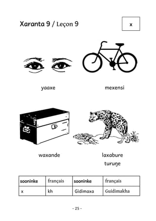 Xaranta 9 / Leçon 9

yaaxe

x

mexensi

waxande

laxabure
turuŋe

sooninke

français

sooninke

français

x

kh

Gidimaxa

Guidimakha

- 25 -

 