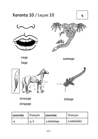 Xaranta 10 / Leçon 10

raqe

q

samaqe

laqe

sinxoqe

talaqe

sinqoqe
sooninke

français

sooninke

français

q

q, k

Lanbalaqe

Lambalaké

- 27 -

 