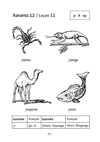 Xaranta 12 / Leçon 12

ɲanto

ɲ ñ ny

ɲange

ɲogome

ɲexe

sooninke

français sooninke

français

ɲ

gn, ni

Nioro, Khagnaga

Ɲooro, Xaɲaaga
- 33 -

 