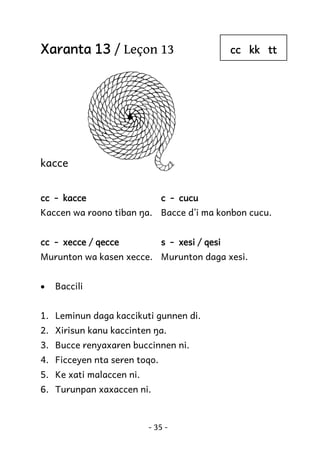 Xaranta 13 / Leçon 13

cc kk tt

kacce
cc - kacce

c - cucu

Kaccen wa roono tiban ŋa. Bacce d’i ma konbon cucu.
cc - xecce / qecce

s - xesi / qesi

Murunton wa kasen xecce. Murunton daga xesi.
•

Baccili

1. Leminun daga kaccikuti gunnen di.
2. Xirisun kanu kaccinten ŋa.
3. Bucce renyaxaren buccinnen ni.
4. Ficceyen nta seren toqo.
5. Ke xati malaccen ni.
6. Turunpan xaxaccen ni.

- 35 -

 