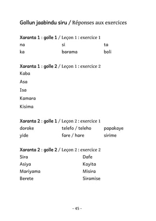 Gollun jaabindu siru / Réponses aux exercices
Xaranta 1 : golle 1 / Leçon 1 : exercice 1
na

si

ta

ka

barama

boli

Xaranta 1 : golle 2 / Leçon 1 : exercice 2
Kaba
Asa
Isa
Kamara
Kisima
Xaranta 2 : golle 1 / Leçon 2 : exercice 1
doroke

telefo / teleho

papakaye

yide

fare / hare

sirime

Xaranta 2 : golle 2 / Leçon 2 : exercice 2
Sira

Dafe

Asiya

Koyita

Mariyama

Misira

Berete

Siramise

- 45 -

 