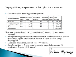   Сонины өөрийн идэвхжүүлэлтийн реклам




Интернэт реклам (Facebook хуудастай болох) мэдээллээр өгөх мөнгө
  зарахгүй
 Хамтрагч байгууллага болох захиалагчдад 50 хувийн хөнгөлөлт үзүүлж
  буй Тэнгис, Өргөө кино театрын рекламыг хөнгөлөлттэй үнээр
  байршуулах
 Маш сайн реклам хийлгэх (10 сек – 400 мянга)
 Автобусны бариул болон дотор рекламны анонс байрлуулах ( 20
  автобусанд 7 хоног – 210 мянга)
 