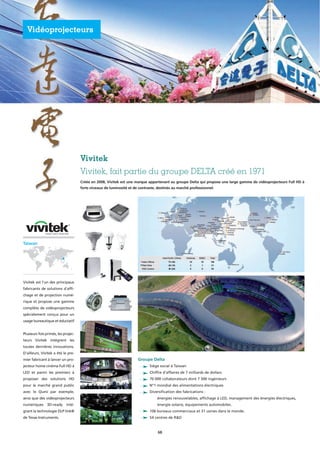Vivitek
Vivitek, fait partie du groupe DELTA créé en 1971
Vidéoprojecteurs
Taiwan
Vivitek est l'un des principaux
fabricants de solutions d'affi-
chage et de projection numé-
rique et propose une gamme
complète de vidéoprojecteurs
spécialement conçus pour un
usage bureautique et éductatif
Plusieurs fois primés, les projec-
teurs Vivitek intègrent les
toutes dernières innovations.
D’ailleurs, Vivitek a été le pre-
mier fabricant à lancer un pro-
jecteur home cinéma Full HD à
LED et parmi les premiers à
proposer des solutions HD
pour le marché grand public
avec le Qumi par exemple,
ainsi que des vidéoprojecteurs
numériques 3D-ready inté-
grant la technologie DLP link®
de Texas Instruments.
Créée en 2008, Vivitek est une marque appartenant au groupe Delta qui propose une large gamme de vidéoprojecteurs Full HD à
forts niveaux de luminosité et de contraste, destinés au marché professionnel.
Groupe Delta
Siège social à Taiwan
Chiffre d'affaires de 7 milliards de dollars
70 000 collaborateurs dont 7 500 ingénieurs
N°1 mondial des alimentations électriques
Diversification des fabrications :
énergies renouvelables, affichage à LED, management des énergies électriques,
énergie solaire, équipements automobiles.
106 bureaux commerciaux et 31 usines dans le monde.
54 centres de R&D
68
       
 