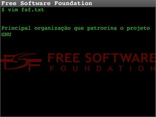 Free Software Foundation
$ vim fsf.txt

Principal organização que patrocina o projeto 
GNU

 