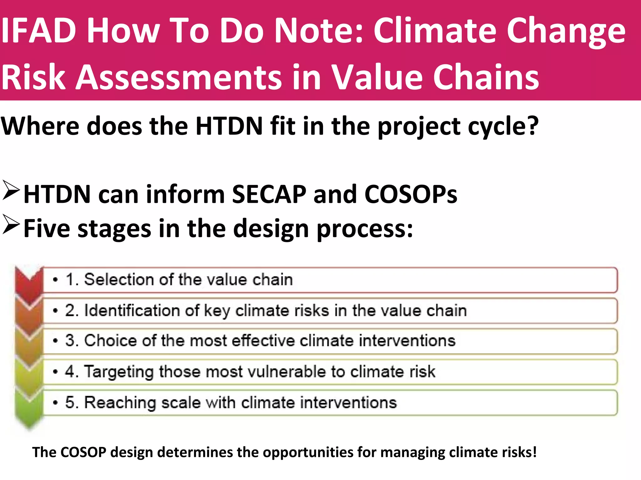 Title to be insertedIFAD How To Do Note: Climate Change
Risk Assessments in Value Chains
Where does the HTDN fit in the project cycle?
HTDN can inform SECAP and COSOPs
Five stages in the design process:
The COSOP design determines the opportunities for managing climate risks!
 