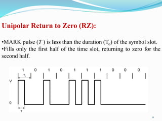 Unipolar Return to Zero (RZ):
•MARK pulse (Ƭ ) is less than the duration (To) of the symbol slot.
•Fills only the first half of the time slot, returning to zero for the
second half.
11
 
