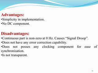 Advantages:
•Simplicity in implementation.
•No DC component.
Disadvantages:
•Continuous part is non-zero at 0 Hz. Causes “Signal Droop”.
•Does not have any error correction capability.
•Does not posses any clocking component for ease of
synchronisation.
•Is not transparent.
14
 