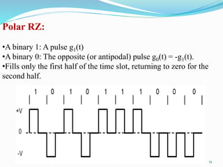 Polar RZ:
•A binary 1: A pulse g1(t)
•A binary 0: The opposite (or antipodal) pulse g0(t) = -g1(t).
•Fills only the first half of the time slot, returning to zero for the
second half.
15
 