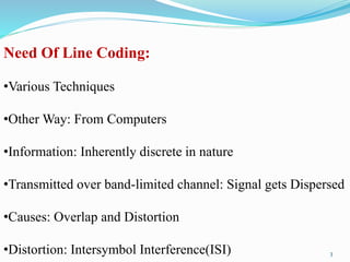 Need Of Line Coding:
•Various Techniques
•Other Way: From Computers
•Information: Inherently discrete in nature
•Transmitted over band-limited channel: Signal gets Dispersed
•Causes: Overlap and Distortion
•Distortion: Intersymbol Interference(ISI) 3
 